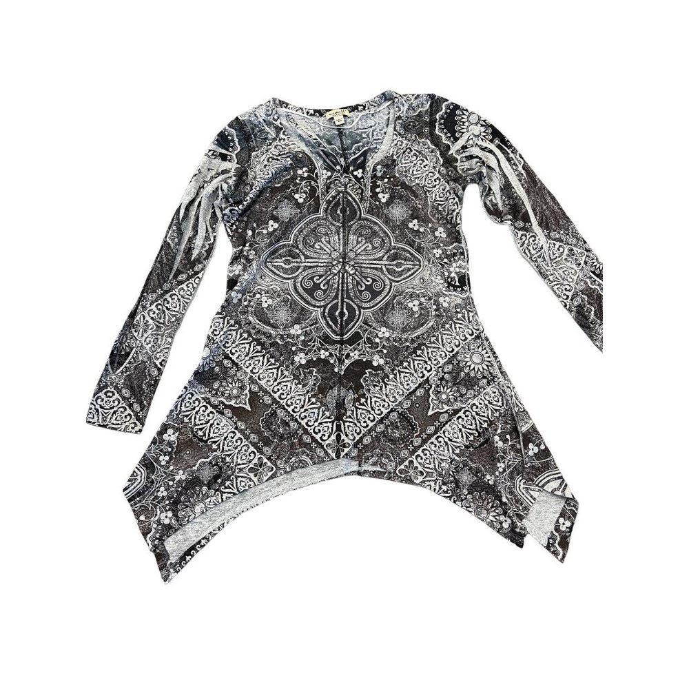 One World Live and Let Live Gray Black Long Sleeve Shirt Blouse Women's Size Lar